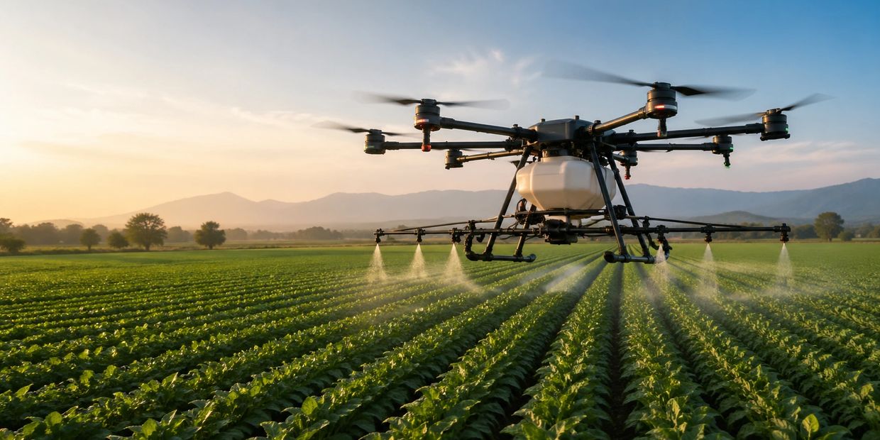 Drone spraying crops over a vast green field during sunset.