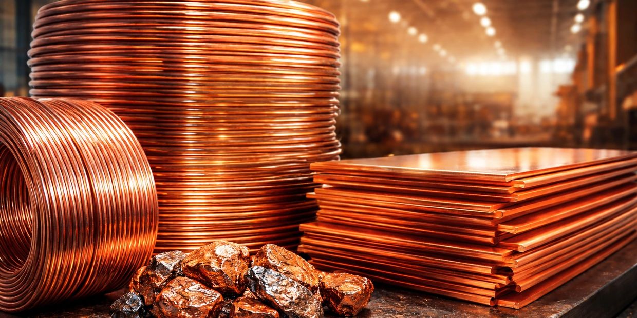 Copper coils, sheets, and raw copper chunks in a factory setting.