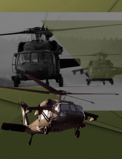 Military helicopters flying with a layered artistic overlay.