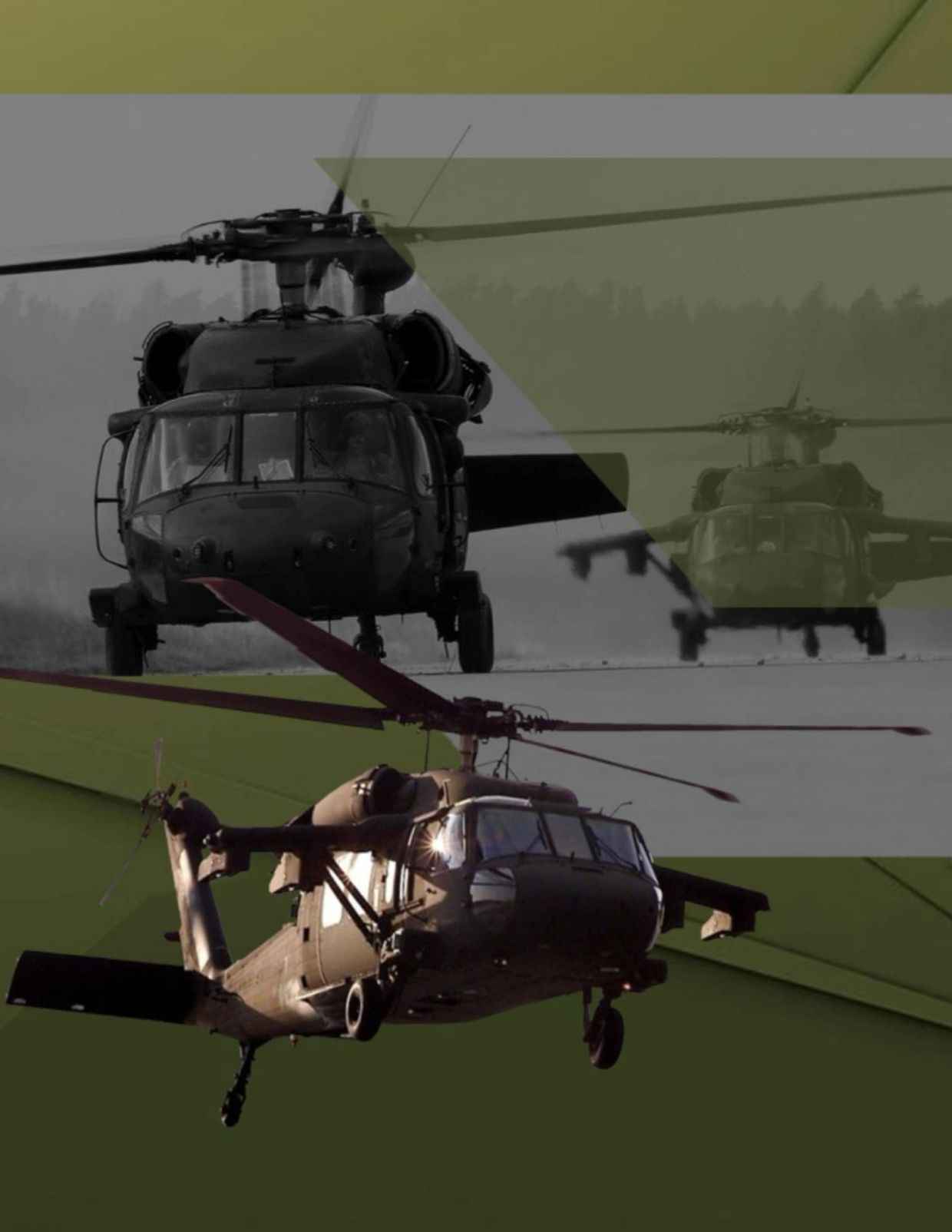 Two military helicopters with artistic overlay.