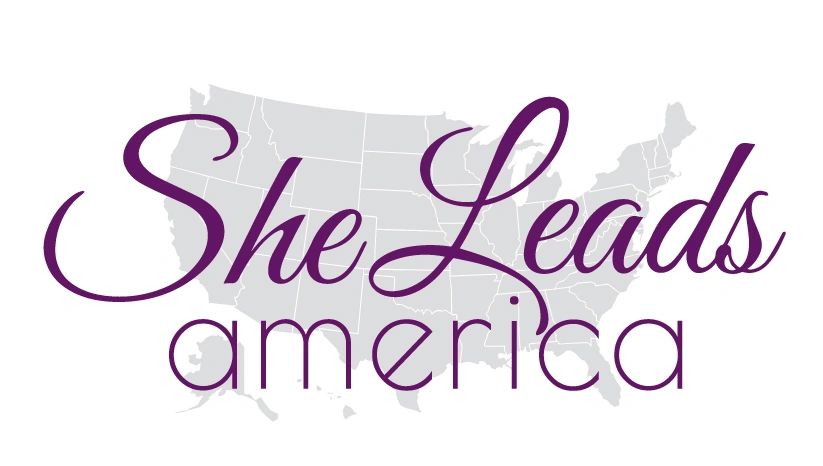 Logo of She Leads America with a U.S. map background.