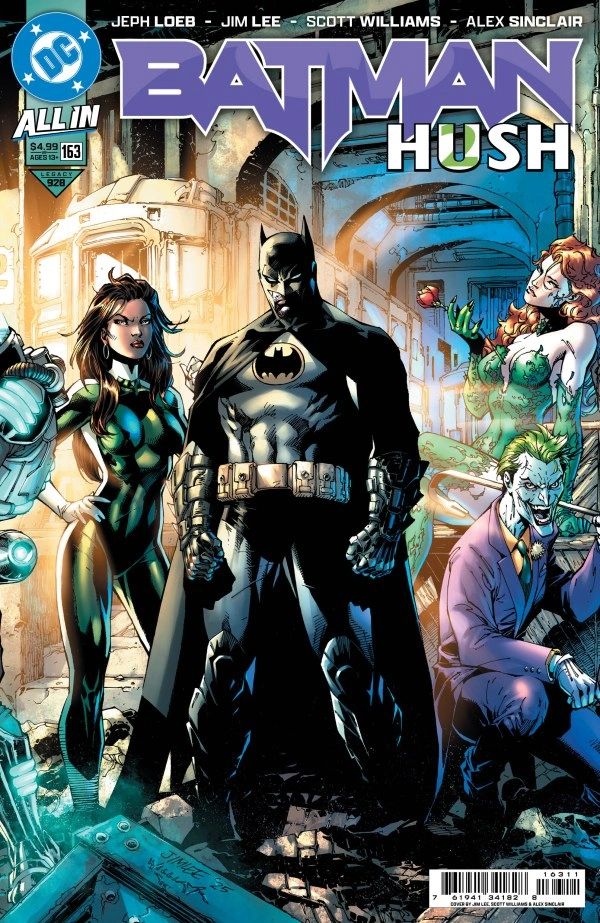 Batman stands boldly with key characters from Gotham in a dramatic alley scene.