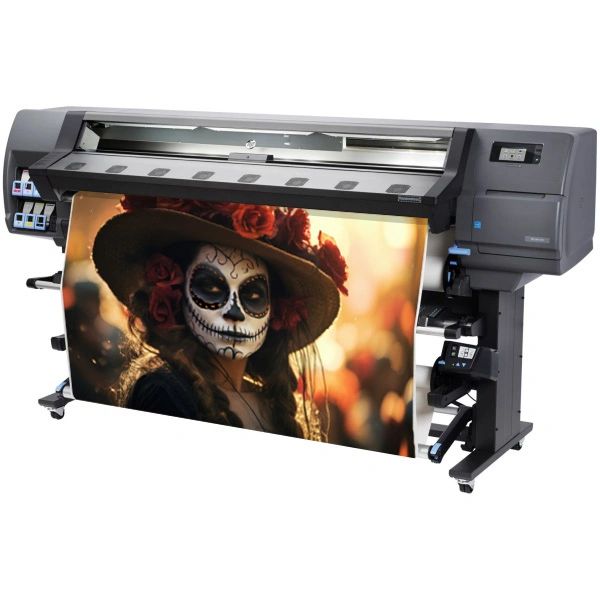 An HP Latex large format printer prints a sign of a woman with her face painted as a sugar skull.