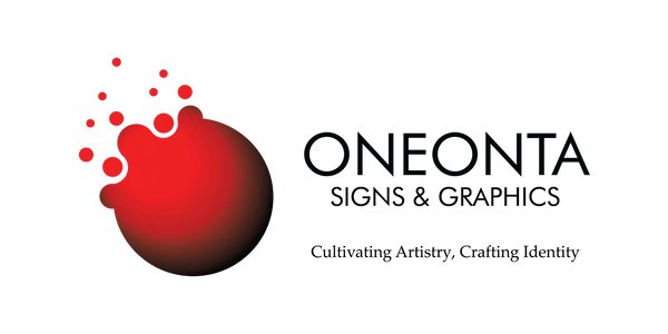 Red sphere blob with small sphere blobs trailing behind it. Oneonta Signs & Graphics in bold black.
