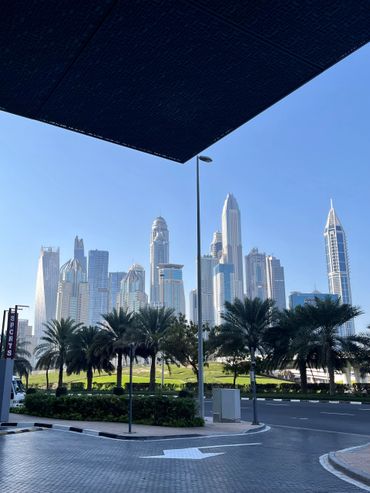 Modern skyscrapers with palm trees under a clear blue sky.