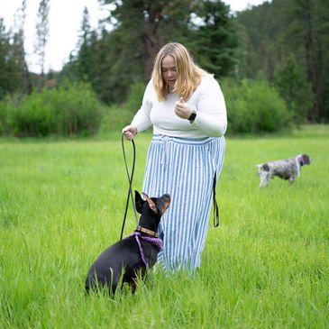 Woman training dog outdoors in a grassy field.