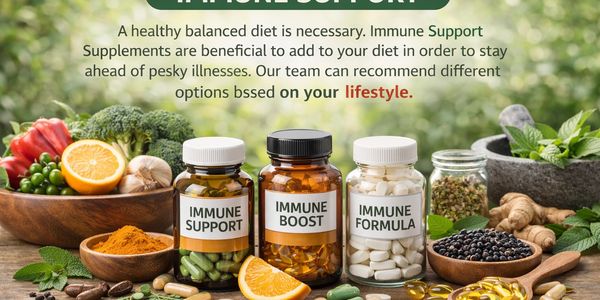 Bottles of immune support supplements surrounded by natural ingredients like orange, turmeric, and herbs.