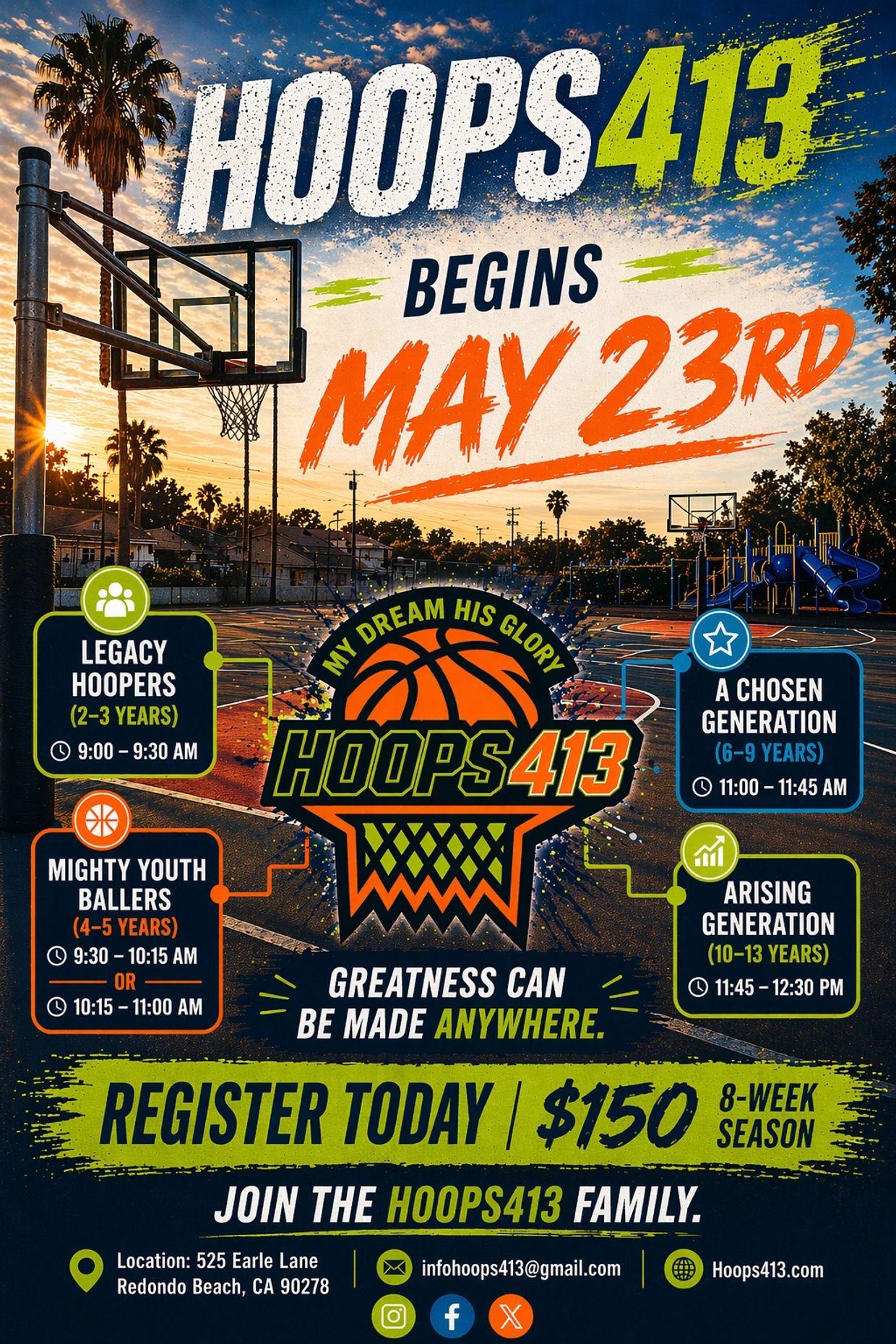 Hoops413 basketball program begins May 23rd for kids ages 2-13 years.