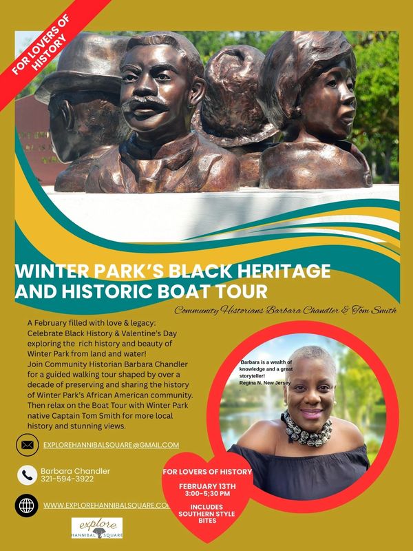 Flyer for Winter Park's Black Heritage and Historic Boat Tour event.