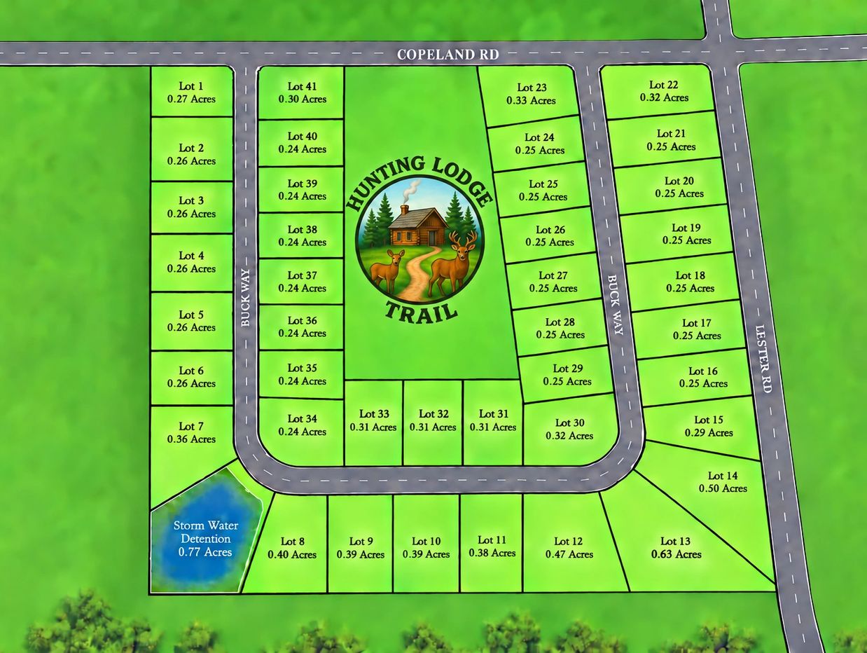 Plot map showing land lots with acreage on Hunting Lodge Trail.