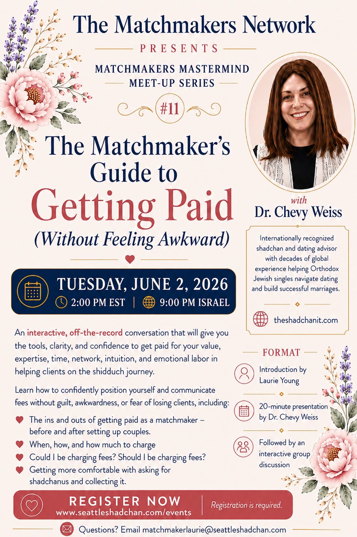 Event poster for The Matchmakers Network featuring Dr. Chevy Weiss on getting paid as a matchmaker.