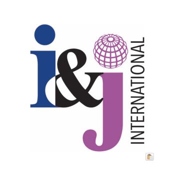 Logo of i&amp;j International with blue, black, and purple colors.