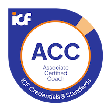 ICF Associate Certified Coach badge with branding and credentials.