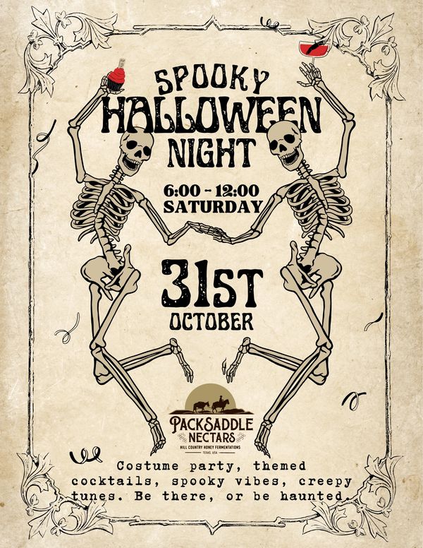 Halloween party poster with dancing skeletons holding drinks.