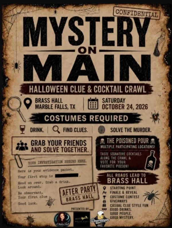 Halloween mystery clue and cocktail crawl event poster.