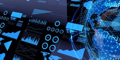 Digital blue data charts and a globe represent global data analytics and technology.