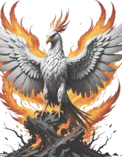 White phoenix rising from the ashes with fire background