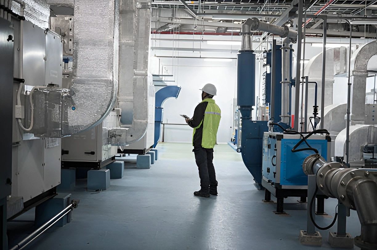 Technician standing inside industrial facility.