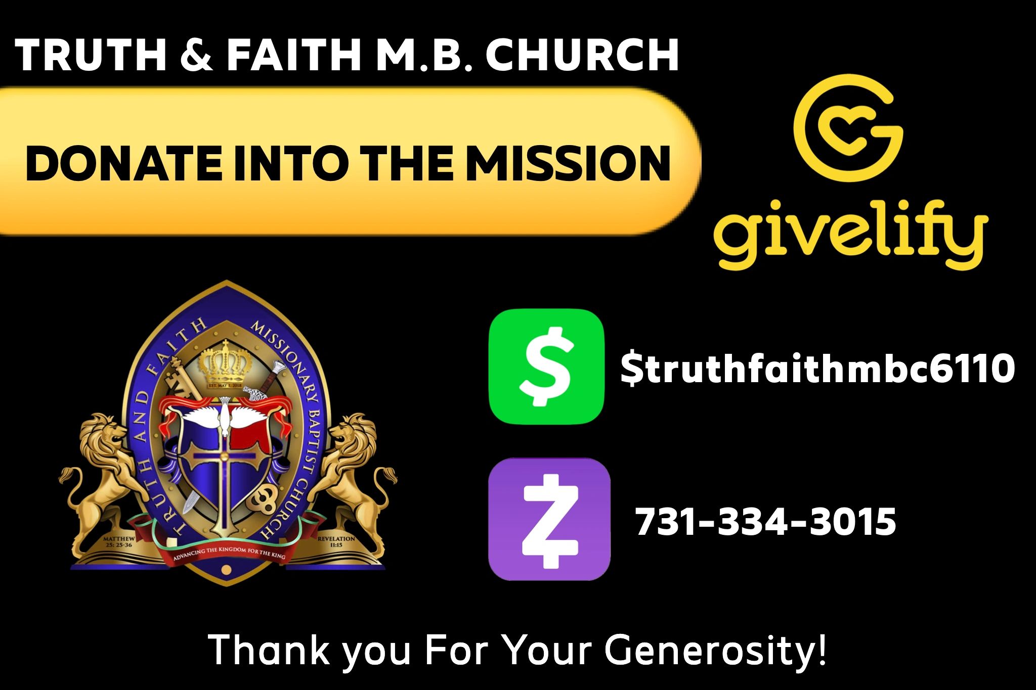 Donation information for Truth & Faith M.B. Church via Givelify, Cash App, and Zelle.