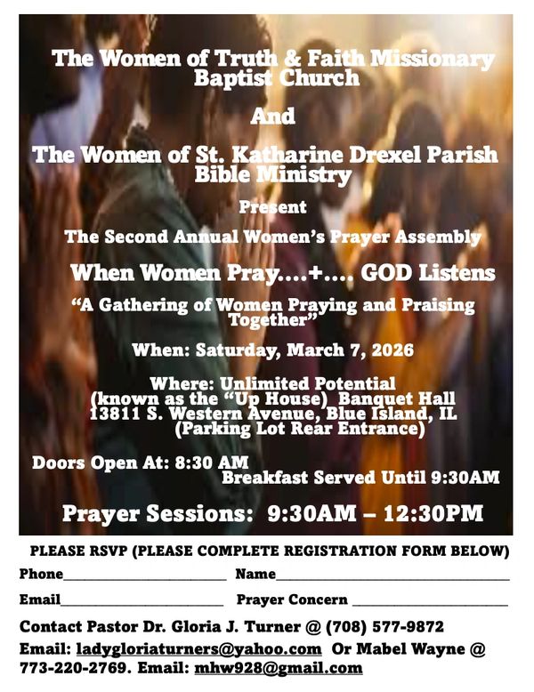 Flyer for a women's prayer assembly on March 7, 2026, hosted by two church groups in Blue Island, IL.