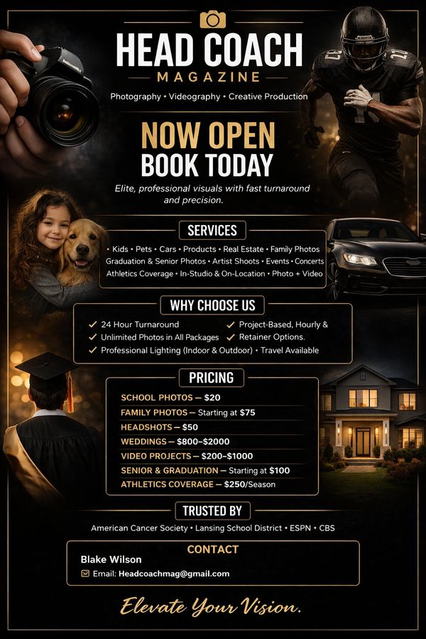 Advertisement for Head Coach Magazine offering photography and videography services with various packages and pricing.