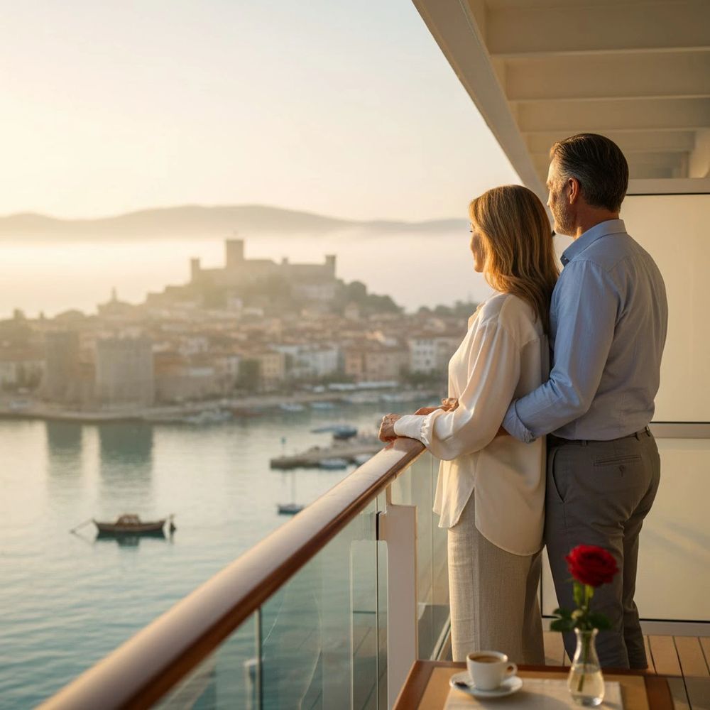 Couple enjoying a scenic waterfront view from a balcony at sunrise.
