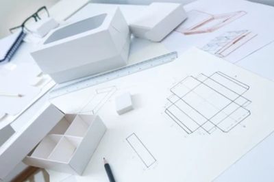 Workspace with packaging design sketches and white prototype boxes.