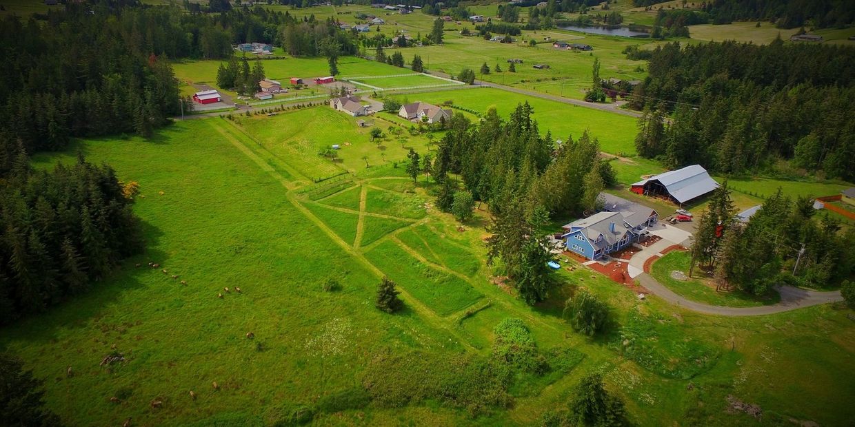Aerial view of a rural residential area with fields and houses.