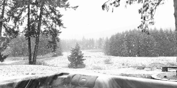 Snow falling on a snowy landscape with trees and a hot tub.