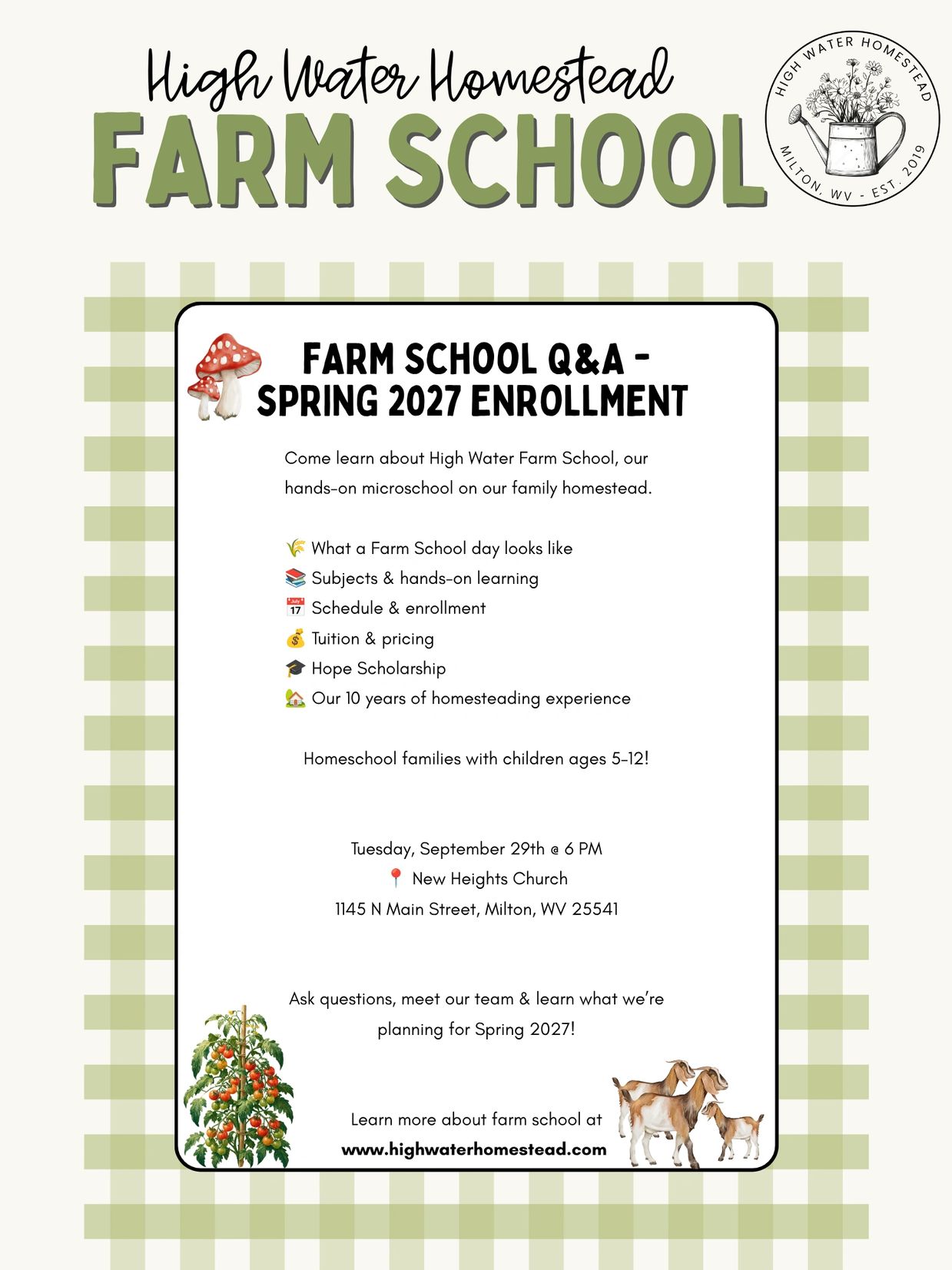 Farm School Q&amp;A for Spring 2027 enrollment at High Water Homestead.
