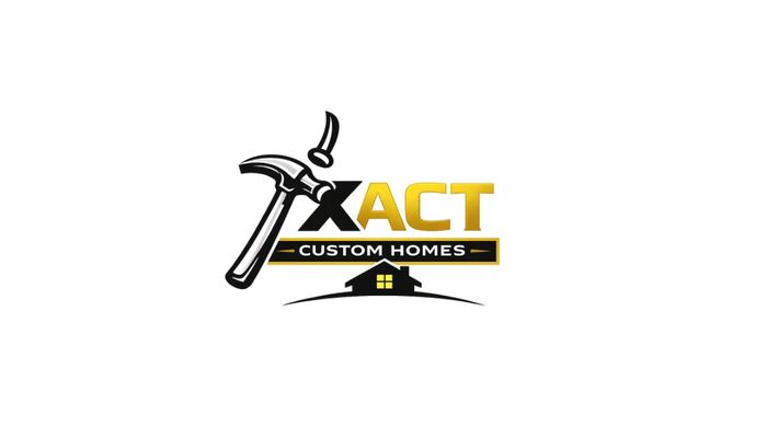 Logo for XACT Custom Homes with a hammer and house illustration.