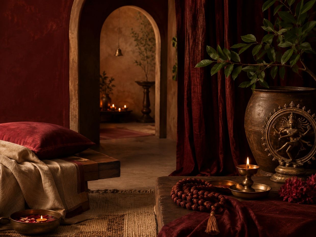 Cozy, warm-toned room with traditional Indian decor and lit candle.