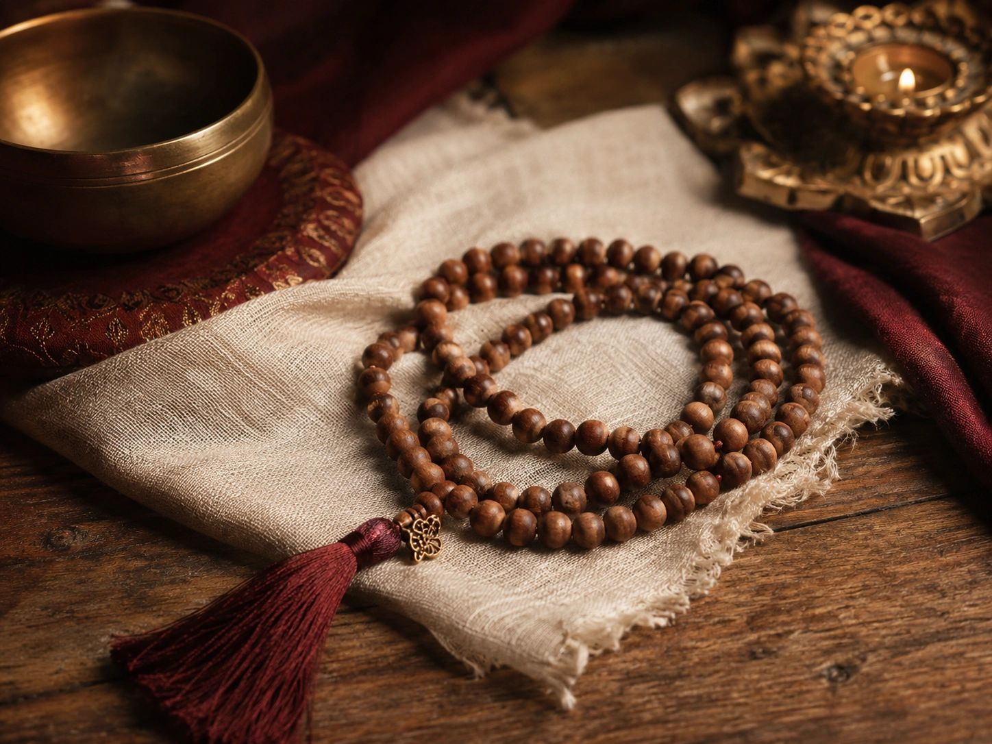 Wooden prayer beads with a maroon tassel on a beige cloth.