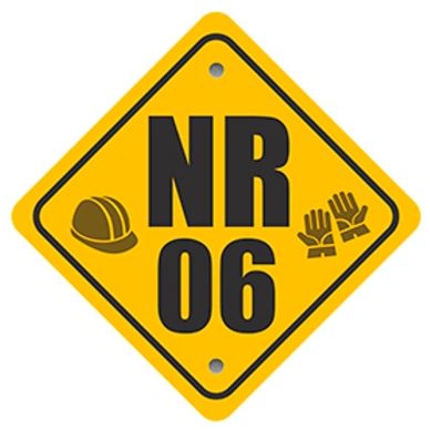 Yellow safety sign with NR 06 and safety gear icons.