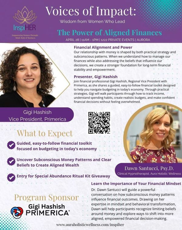 Event flyer featuring financial experts Gigi Hashish and Dawn Santucci on aligned finances and mindset.