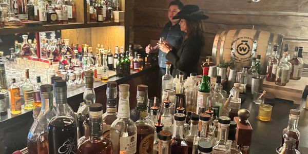 Bar scene with many liquor bottles and two people.