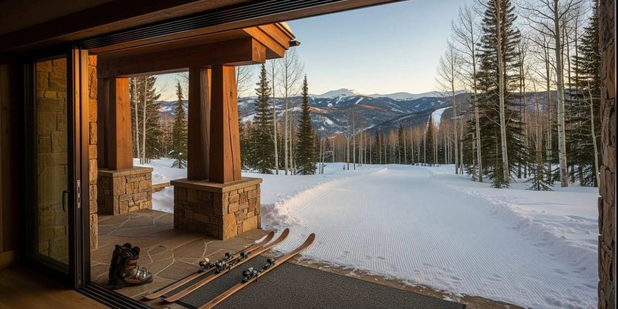 Cozy ski cabin patio with skis and scenic snowy mountain view.