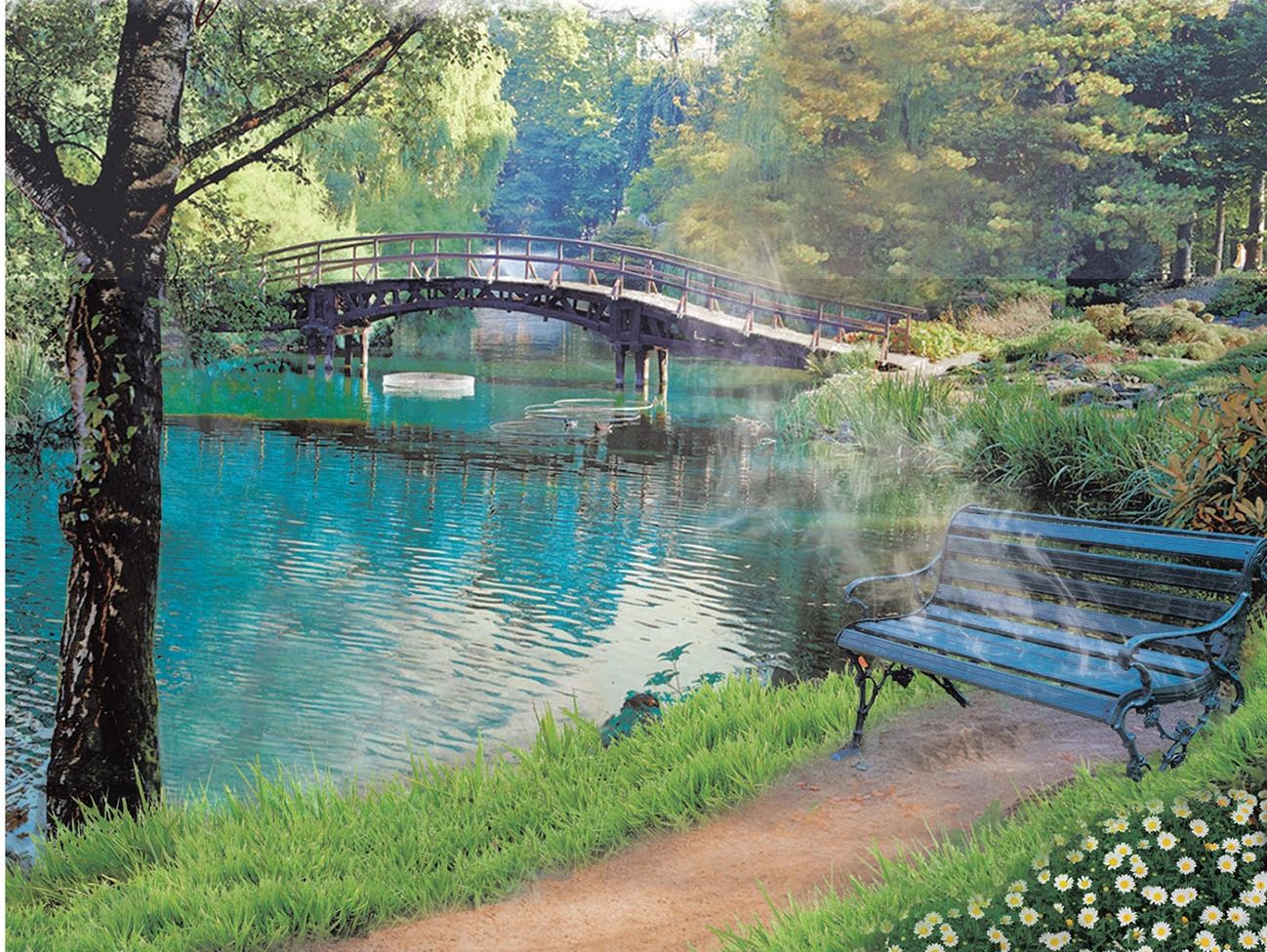 Peaceful park scene with a bridge and bench, promoting spiritual reflection.