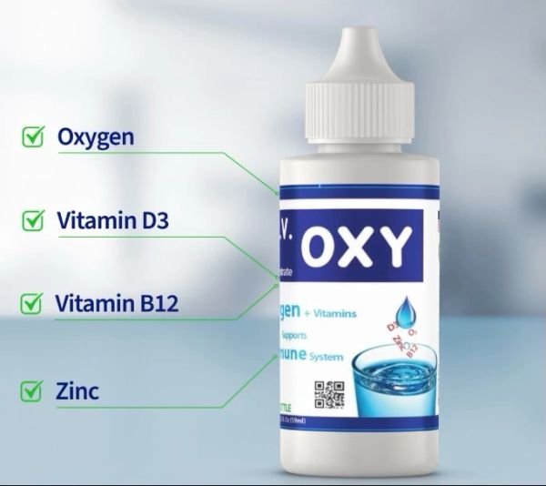 Supplement drops with oxygen, vitamin D3, B12, and zinc.