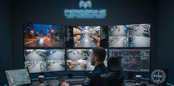 Security officer monitors multiple surveillance screens at Peregrine Asset Protection Group.