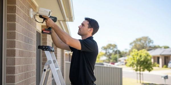 Technician installing a security camera on a house exterior using a drill.
