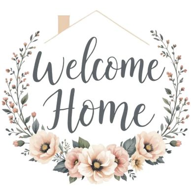Elegant floral 'Welcome Home' sign with soft pastel flowers.