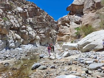 Hikers walking through a rocky canyon with clear blue sky.