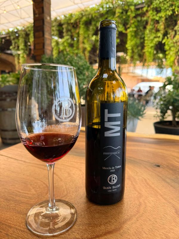 Bottle and glass of red wine on a wooden table at a winery.