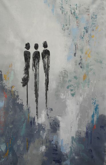 Abstract painting of three tall figures on a textured background.