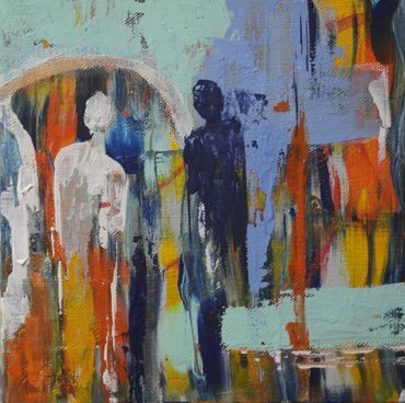 Abstract painting of blurred human figures with vibrant colors.