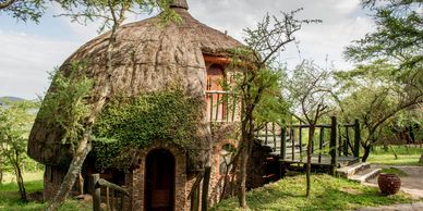 Unique round house with a thatched roof surrounded by greenery.
