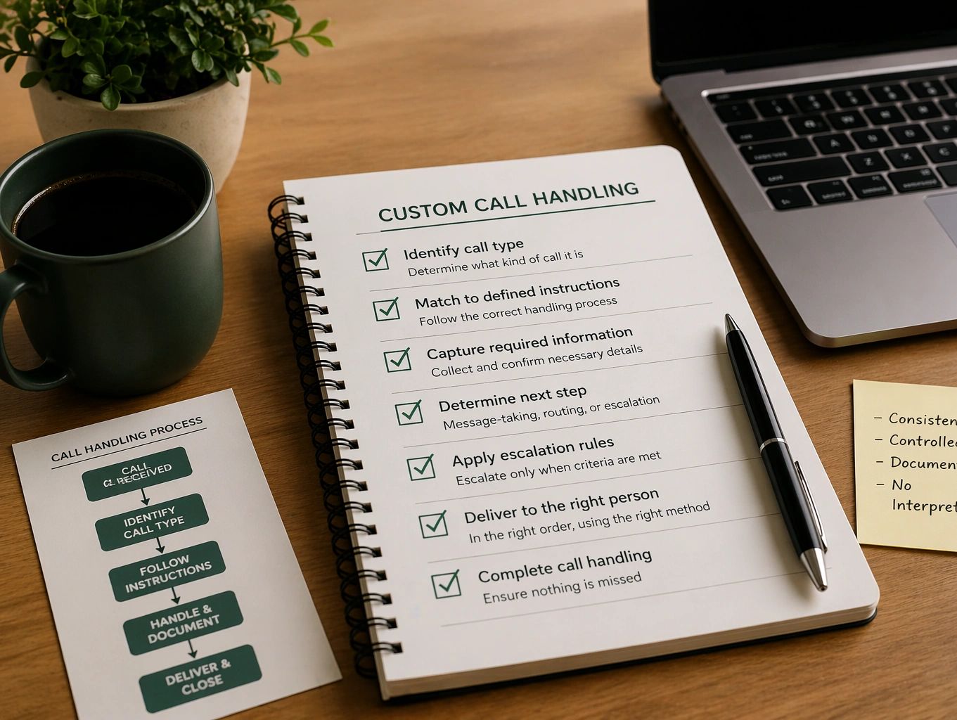 Checklist for custom call handling with steps and a pen on a notebook beside a laptop and coffee cup.