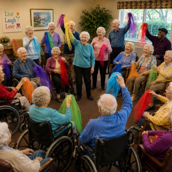 Seniors in a cheerful group activity waving colorful scarves in a circle.