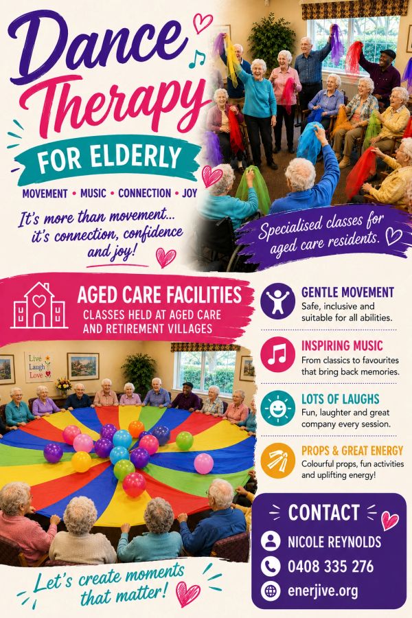 Dance therapy classes for elderly in aged care facilities promoting movement, music, and joy.